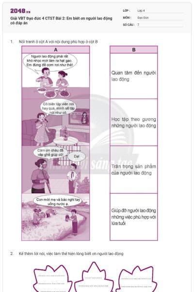 Giải VBT Đạo đức 4 CTST Bài 2: Em biết ơn người lao động có đáp án