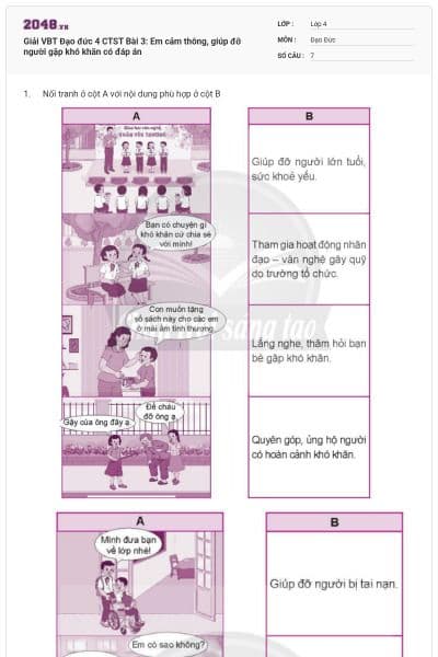 Giải VBT Đạo đức 4 CTST Bài 3: Em cảm thông, giúp đỡ người gặp khó khăn có đáp án