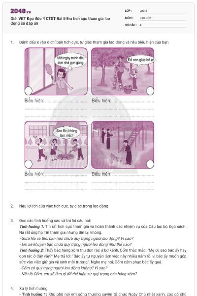 Giải VBT Đạo đức 4 CTST Bài 5 Em tích cực tham gia lao động có đáp án
