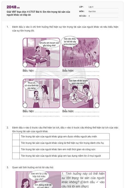 Giải VBT Đạo đức 4 CTST Bài 6: Em tôn trọng tài sản của người khác có đáp án