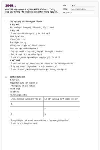 Giải VBT hoạt động trải nghiệm KNTT 4 Tuần 12: Thông điệp yêu thương – tổ chức hoạt động chào mừng ngày nhà giáo Việt Nam 20 - 11