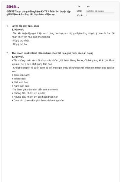 Giải VBT hoạt động trải nghiệm KNTT 4 Tuần 14: Luyện tập giới thiệu sách – hợp tác thực hiện nhiệm vụ