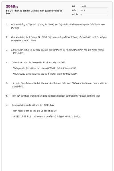 Bài 24: Phân bố dân cư. Các loại hình quần cư và đô thị hóa