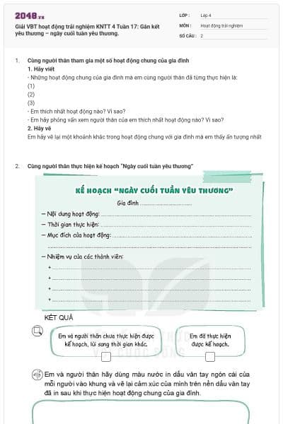 Giải VBT hoạt động trải nghiệm KNTT 4 Tuần 17: Gắn kết yêu thương – ngày cuối tuần yêu thương.