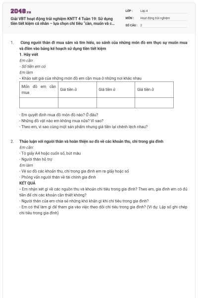 Giải VBT hoạt động trải nghiệm KNTT 4 Tuần 19: Sử dụng tiền tiết kiệm cá nhân – lựa chọn chi tiêu “cần, muốn và có thể”.
