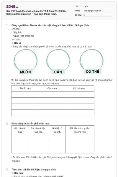 Giải VBT hoạt động trải nghiệm KNTT 4 Tuần 20: Chi tiêu tiết kiệm trong gia đình – mua sắm thông minh.