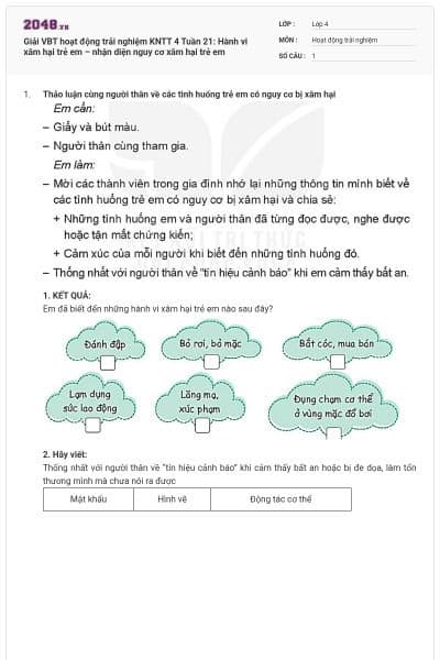 Giải VBT hoạt động trải nghiệm KNTT 4 Tuần 21: Hành vi xâm hại trẻ em – nhận diện nguy cơ xâm hại trẻ em