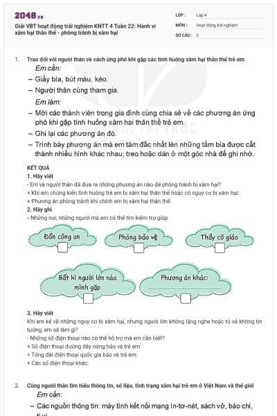 Giải VBT hoạt động trải nghiệm KNTT 4 Tuần 22: Hành vi xâm hại thân thể - phòng tránh bị xâm hại