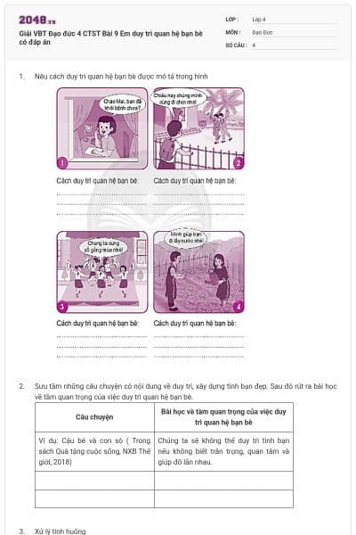 Giải VBT Đạo đức 4 CTST Bài 9 Em duy trì quan hệ bạn bè có đáp án