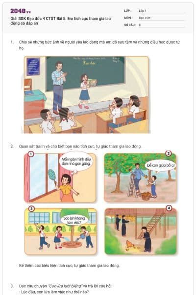 Giải SGK Đạo đức 4 CTST Bài 5: Em tích cực tham gia lao động có đáp án