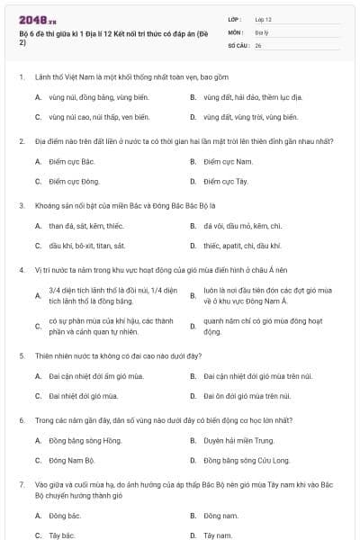 Bộ 6 đề thi giữa kì 1 Địa lí 12 Kết nối tri thức có đáp án (Đề 2)