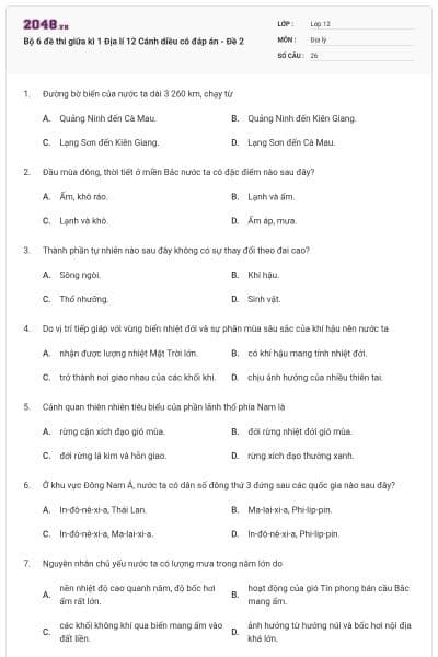 Bộ 6 đề thi giữa kì 1 Địa lí 12 Cánh diều có đáp án - Đề 2