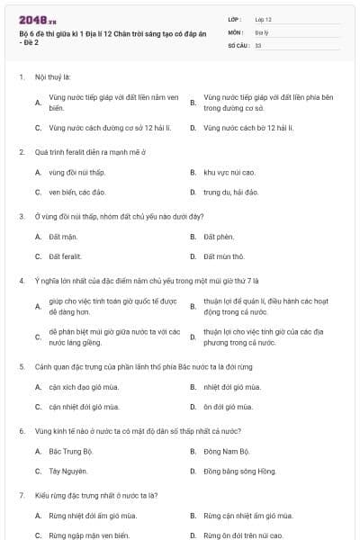 Bộ 6 đề thi giữa kì 1 Địa lí 12 Chân trời sáng tạo có đáp án - Đề 2