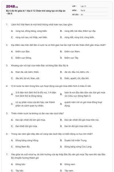 Bộ 6 đề thi giữa kì 1 Địa lí 12 Chân trời sáng tạo có đáp án - Đề 6