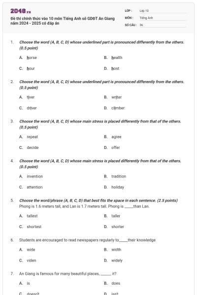 Đề thi chính thức vào 10 môn Tiếng Anh sở GDĐT An Giang năm 2024 - 2025 có đáp án