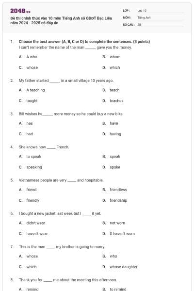 Đề thi chính thức vào 10 môn Tiếng Anh sở GDĐT Bạc Liêu năm 2024 - 2025 có đáp án