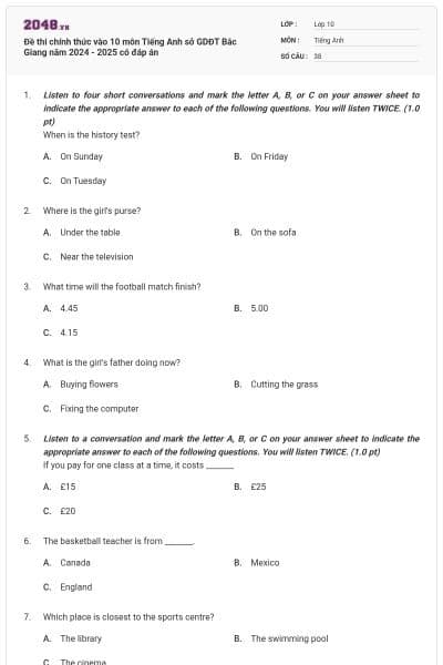 Đề thi chính thức vào 10 môn Tiếng Anh sở GDĐT Bắc Giang năm 2024 - 2025 có đáp án