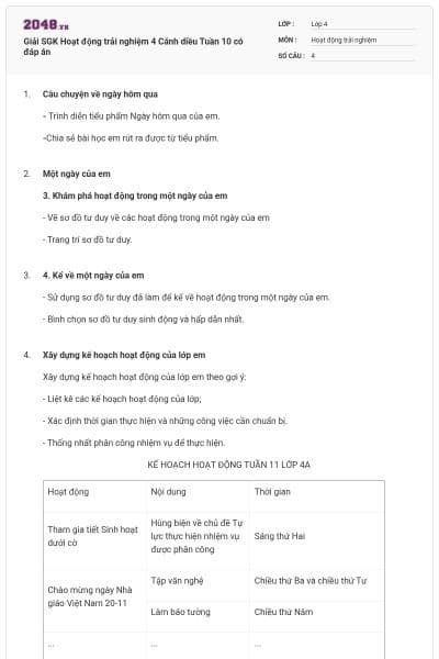 Giải SGK Hoạt động trải nghiệm 4 Cánh diều Tuần 10 có đáp án