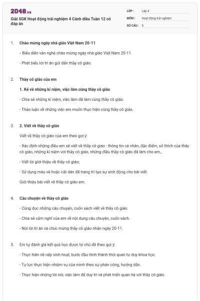 Giải SGK Hoạt động trải nghiệm 4 Cánh diều Tuần 12 có đáp án