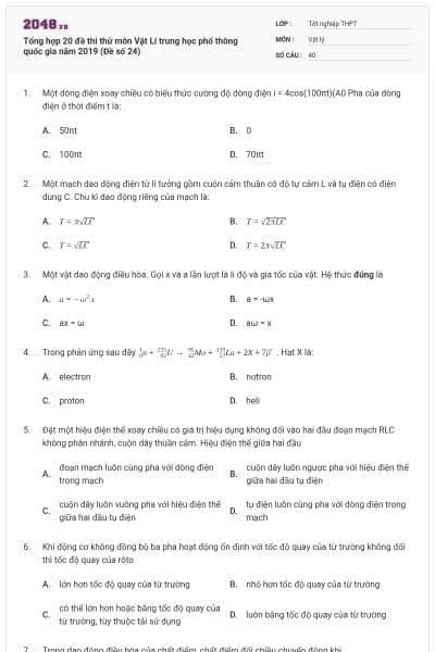 Tổng hợp 20 đề thi thử môn Vật Lí trung học phổ thông quốc gia năm 2019 (Đề số 24)