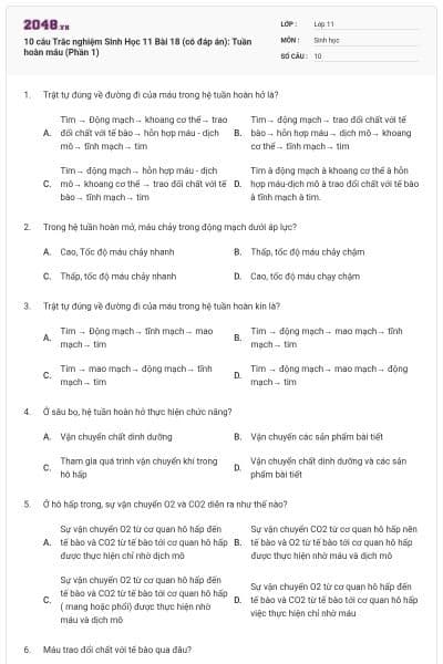 10 câu  Trắc nghiệm Sinh Học 11 Bài 18 (có đáp án): Tuần hoàn máu (Phần 1)