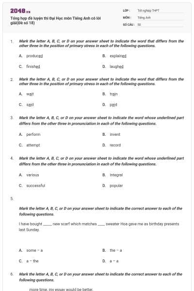 Tổng hợp đề luyện thi Đại Học môn Tiếng Anh có lời giải(Đề số 18)