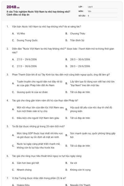 8 câu Trắc nghiệm Nước Việt Nam ta nhỏ hay không nhỏ? Cánh diều có đáp án