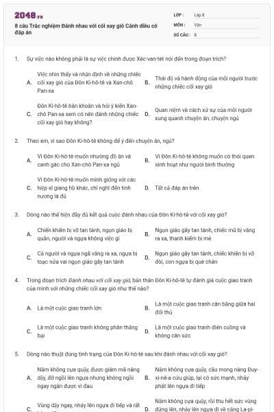 8 câu Trắc nghiệm Đánh nhau với cối xay gió Cánh diều có đáp án