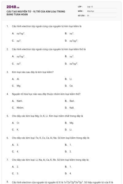 CẤU TẠO NGUYÊN TỬ -  VỊ TRÍ CỦA KIM LOẠI TRONG BẢNG TUẦN HOÀN