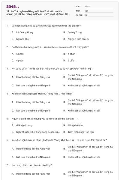 11 câu Trắc nghiệm Nắng mới, áo đỏ và nét cười đen nhánh (về bài thơ “nắng mới” của Lưu Trọng Lư) Cánh diều có đáp án