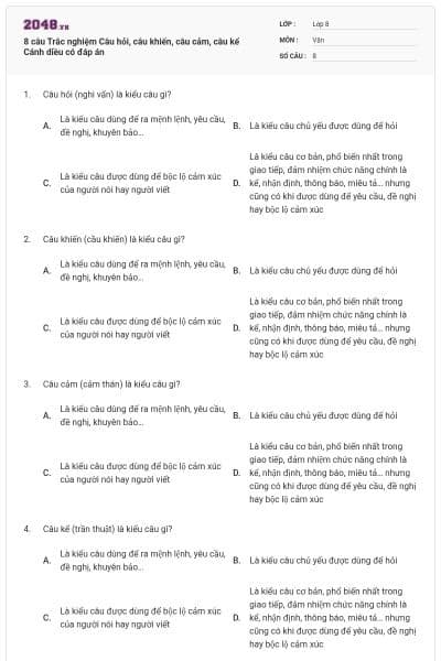 8 câu Trắc nghiệm Câu hỏi, câu khiến, câu cảm, câu kể Cánh diều có đáp án