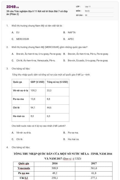 39 câu Trắc nghiệm Địa lí 11 Kết nối tri thức Bài 7 có đáp án  (Phần 2)
