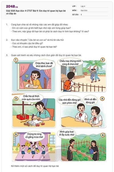 Giải SGK Đạo đức 4 CTST Bài 9: Em duy trì quan hệ bạn bè có đáp án