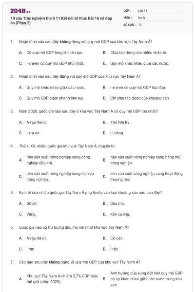 13 câu Trắc nghiệm Địa lí 11 Kết nối tri thức Bài 16 có đáp án (Phần 2)