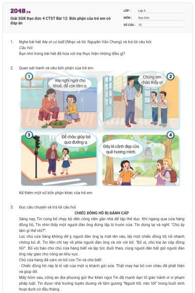 Giải SGK Đạo đức 4 CTST Bài 12: Bổn phận của trẻ em có đáp án