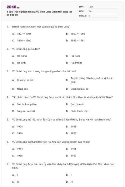 8 câu Trắc nghiệm tác giả Vũ Đình Long Chân trời sáng tạo có đáp án
