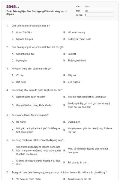 7 câu Trắc nghiệm Qua Đèo Ngang Chân trời sáng tạo có đáp án