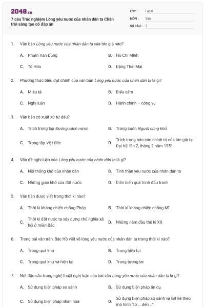 7 câu Trắc nghiệm Lòng yêu nước của nhân dân ta Chân trời sáng tạo có đáp án