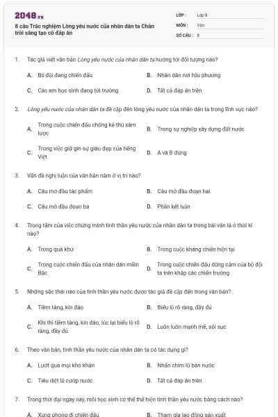 8 câu Trắc nghiệm Lòng yêu nước của nhân dân ta Chân trời sáng tạo có đáp án