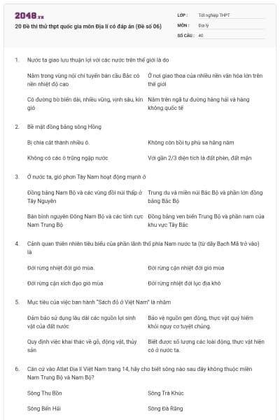 20 Đề thi thử thpt quốc gia môn Địa lí có đáp án (Đề số 06)