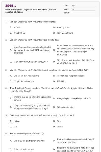 6 câu Trắc nghiệm Chuyến du hành về tuổi thơ Chân trời sáng tạo có đáp án