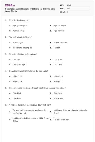 6 câu Trắc nghiệm Hoàng Lê nhất thống chí Chân trời sáng tạo có đáp án