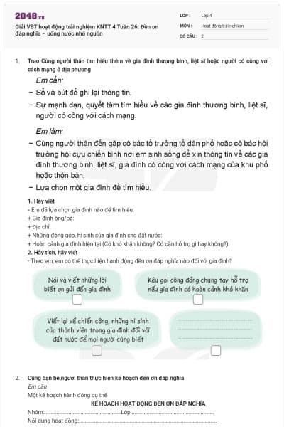 Giải VBT hoạt động trải nghiệm KNTT 4 Tuần 26: Đền ơn đáp nghĩa – uống nước nhớ nguồn