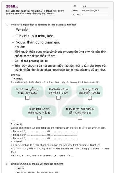 Giải VBT hoạt động trải nghiệm KNTT 4 tuần 23: Hành vi xâm hại tinh thần – chia sẻ những điều khó nói