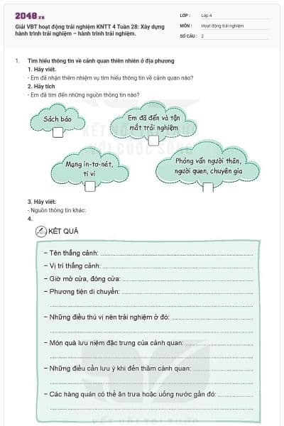 Giải VBT hoạt động trải nghiệm KNTT 4 Tuần 28: Xây dựng hành trình trải nghiệm – hành trình trải nghiệm.