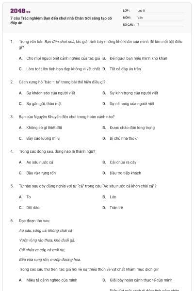 7 câu Trắc nghiệm Bạn đến chơi nhà Chân trời sáng tạo có đáp án