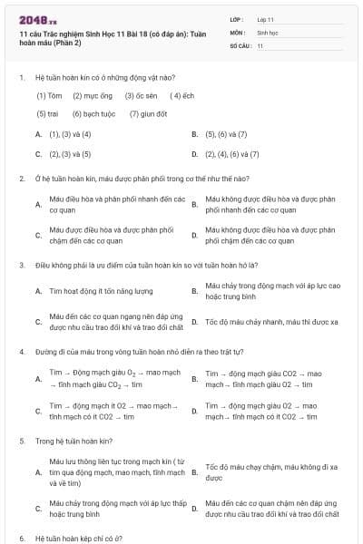 11 câu Trắc nghiệm Sinh Học 11 Bài 18 (có đáp án): Tuần hoàn máu (Phần 2)