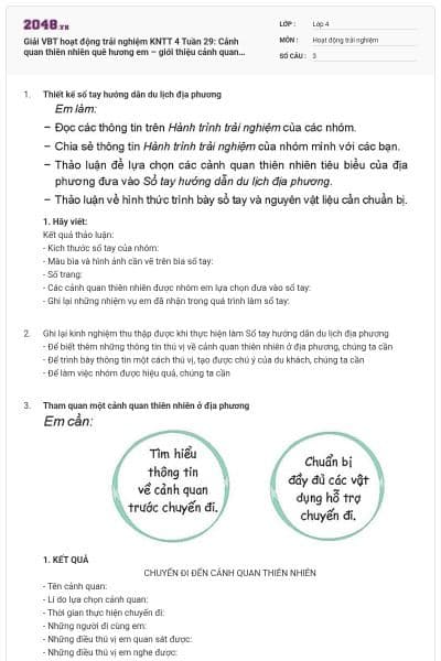 Giải VBT hoạt động trải nghiệm KNTT 4 Tuần 29: Cảnh quan thiên nhiên quê hương em – giới thiệu cảnh quan thiên nhiên ở địa phương