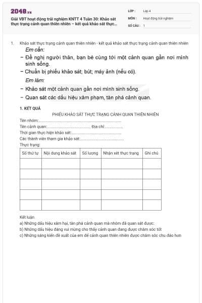 Giải VBT hoạt động trải nghiệm KNTT 4 Tuần 30: Khảo sát thực trạng cảnh quan thiên nhiên – kết quả khảo sát thực trạng cảnh quan thiên nhiên