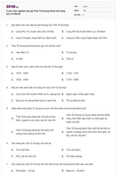 9 câu Trắc nghiệm tác giả Trần Tế Xương Chân trời sáng tạo có đáp án